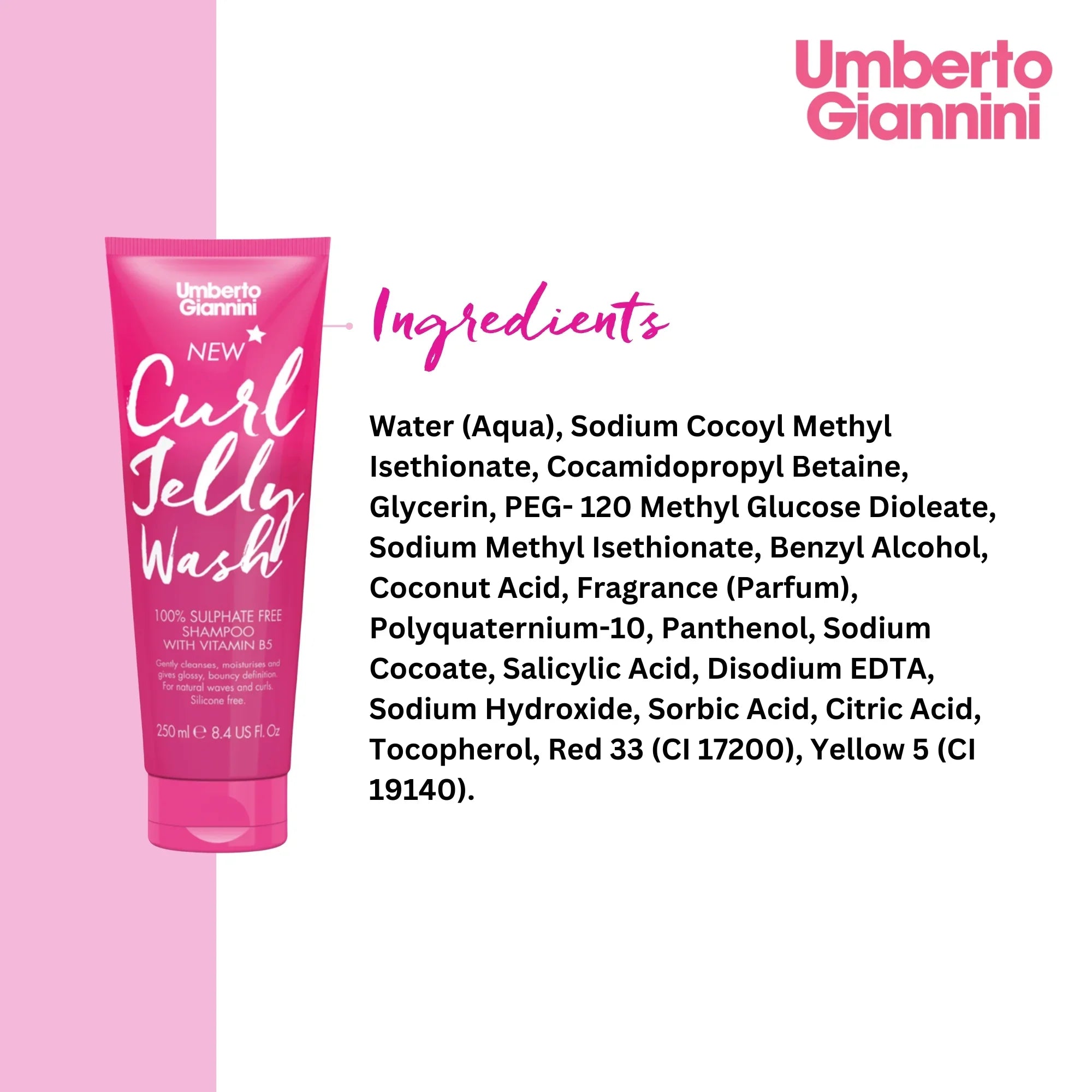 Umberto Giannini Curl Jelly Wash pink shampoo tube with Vitamin B5, ingredient list on white background