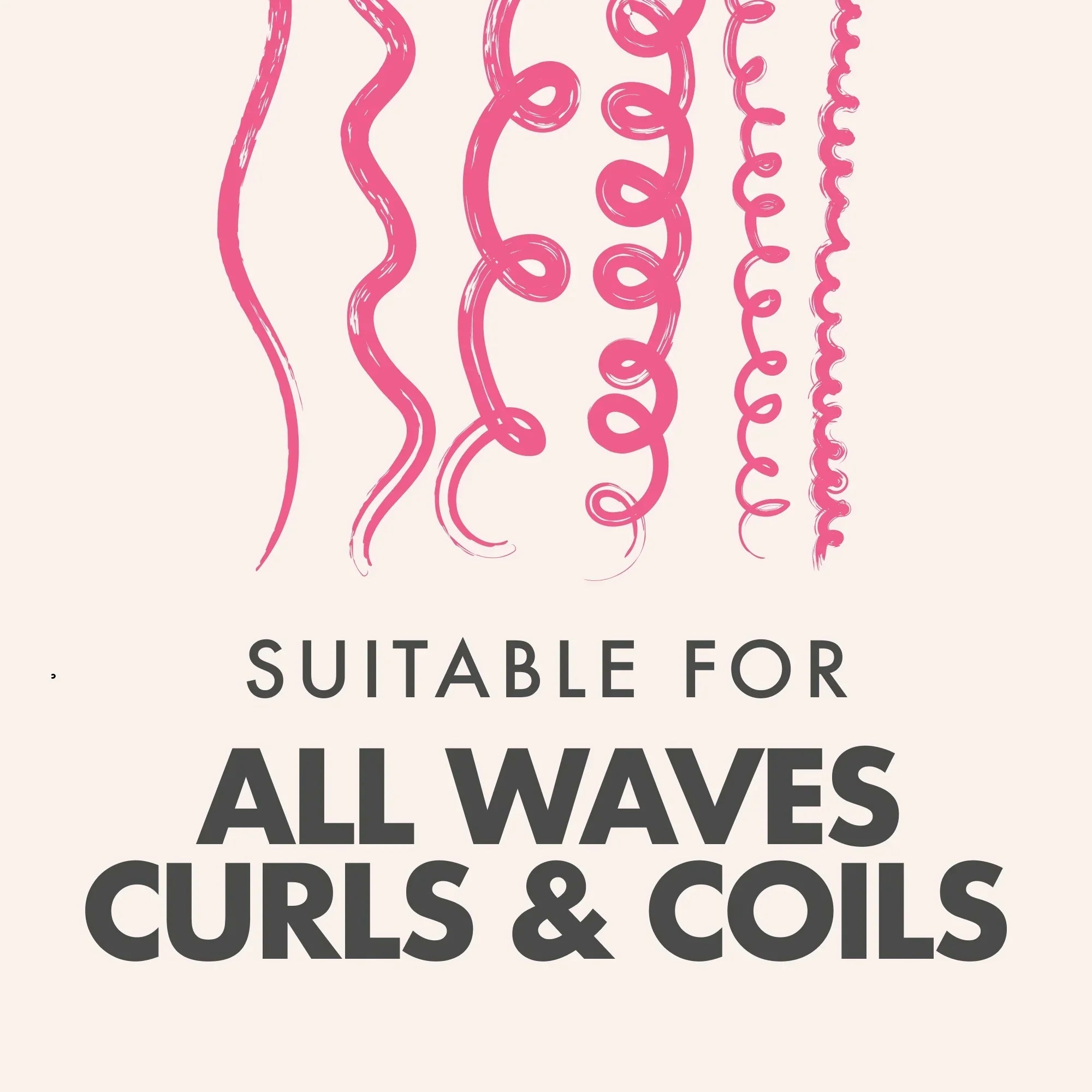Illustration showing different types of pink hair waves, curls, and coils with text suitable for all waves, curls & coils