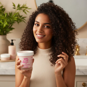 Smiling woman with curly hair holding Umberto Giannini Curl Magic Hydro Curly Treatment Mask in a stylish bathroom