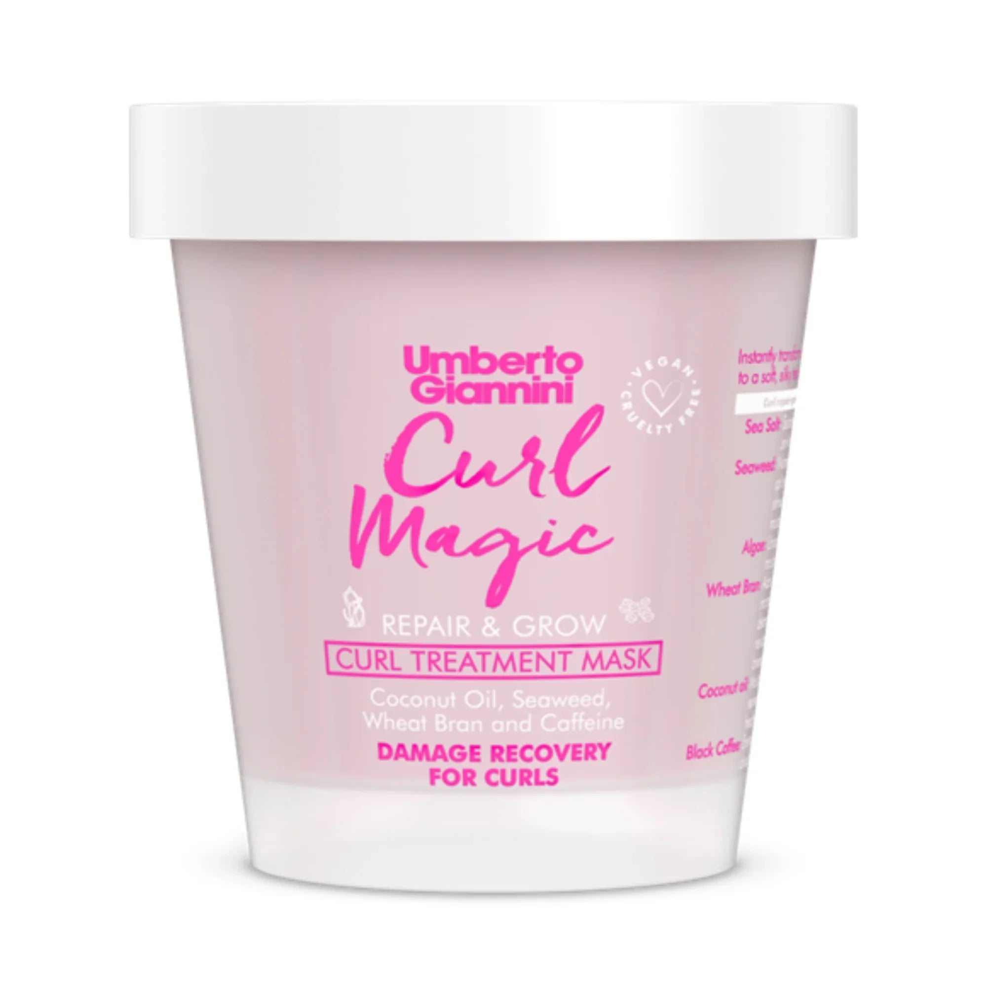 Umberto Giannini Curl Magic Repair & Grow Curl Treatment Mask with coconut oil and caffeine in a pink container