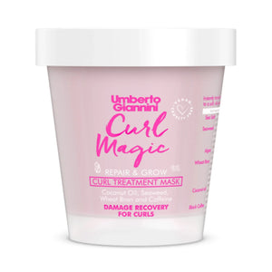 Umberto Giannini Curl Magic Repair & Grow Curl Treatment Mask with coconut oil and caffeine in a pink container