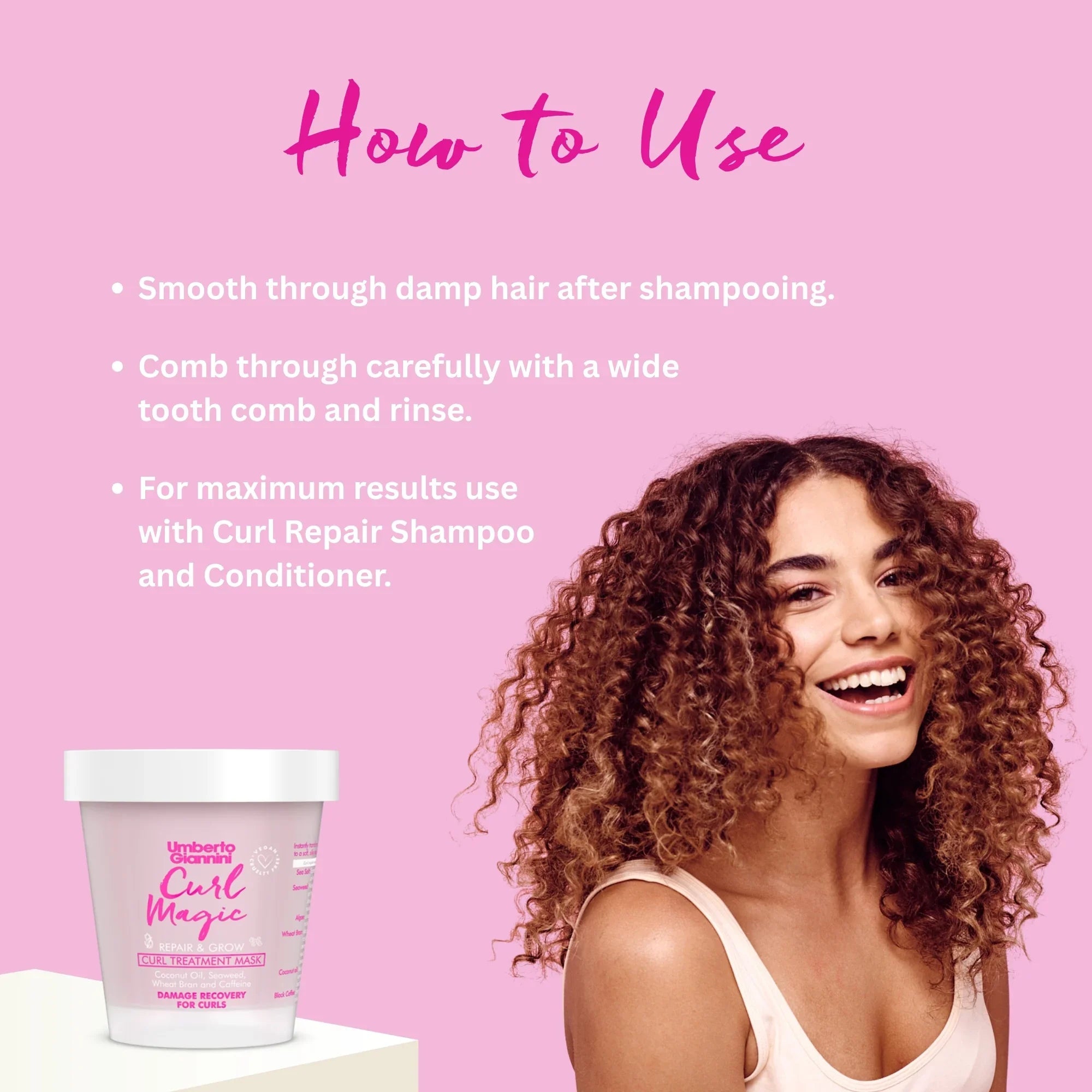 Umberto Giannini Curl Magic Repair & Grow Curl Treatment Mask packaging with instructions and smiling woman with curly hair on pink background