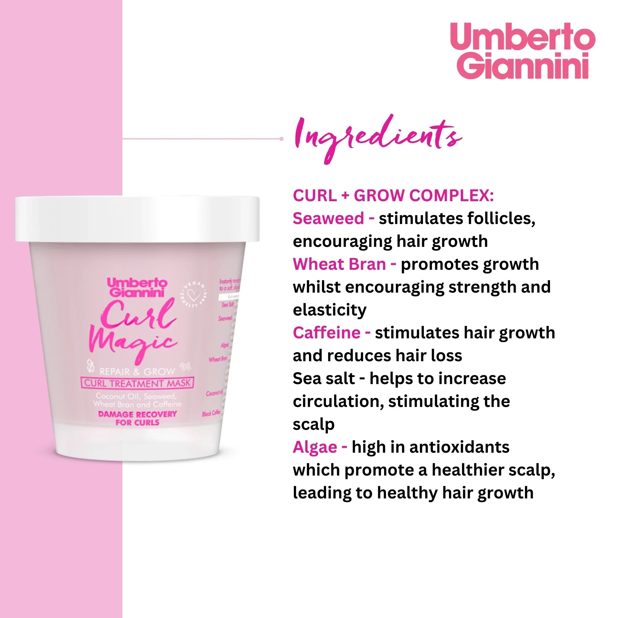 Umberto Giannini Curl Magic Repair & Grow Curl Treatment Mask container with ingredient list highlighting seaweed, wheat bran, caffeine, sea salt, and algae