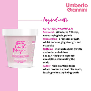 Umberto Giannini Curl Magic Repair & Grow Curl Treatment Mask container with ingredient list highlighting seaweed, wheat bran, caffeine, sea salt, and algae