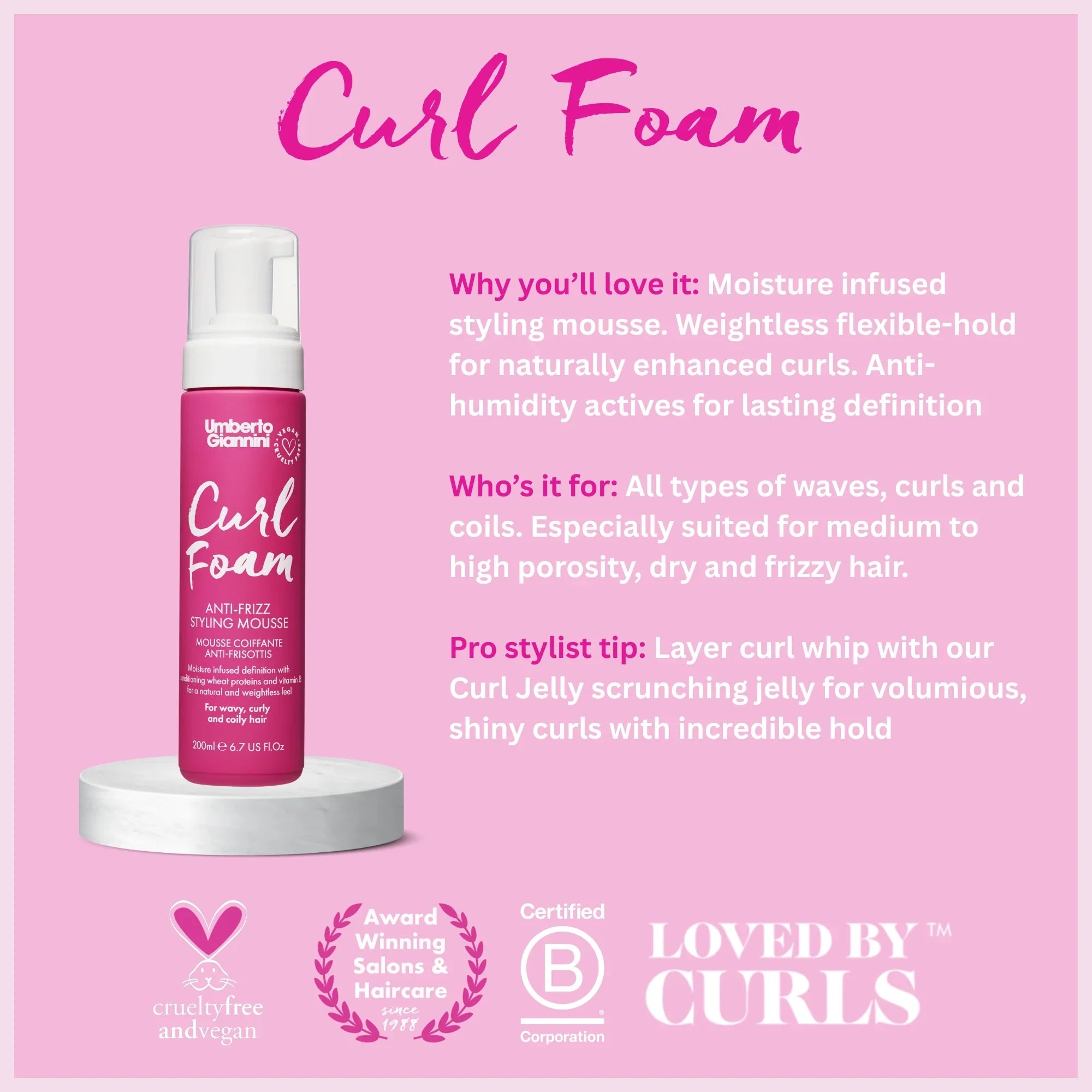 Umberto Giannini Curl Foam anti-frizz styling mousse bottle on white stand with product benefits on pink background