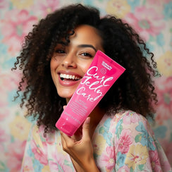 Smiling woman with curly hair holding pink Curl Jelly Care conditioner tube against floral background