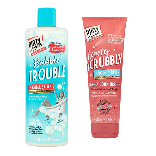 Dirty Works Bubble Trouble Bubble Bath & Lovely Scrubbly Body Scrub | Relaxing Bubble Bath & Exfoliationg Scrub Duo | Refreshes & Gives Smooth Skin - Combo of 2