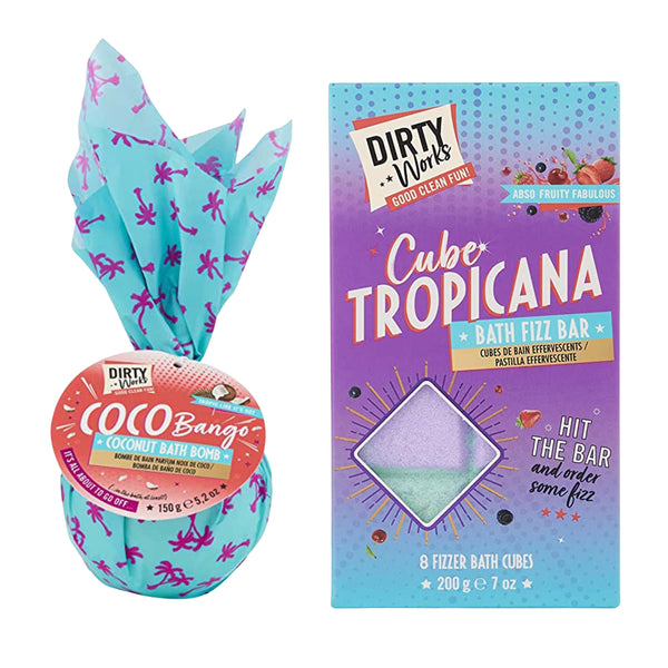 Dirty Works Coco-Bango Coconut Bath Bomb & Cube Tropicana Fruity Bath Bomb Bar | Bath Bomb Duo | For Fun, Fizzy & Fragrant Bath Experience - Combo of 2