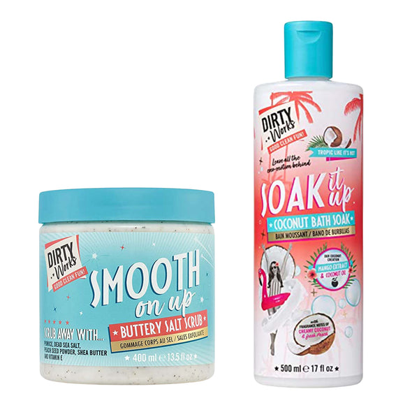 Dirty Works Smooth On Up Buttery Salt Scrub & Soak It Up Coconut Bath Soak | Exfoliationg Salt Scrub & Hydrating Coconut Bath Soak | For Smooth, Soft & Moisturized Skin - Combo of 2