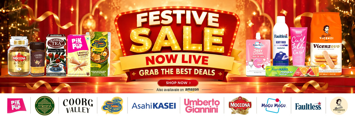 Festive Sale banner featuring international gourmet food and FMCG products with shop now button.