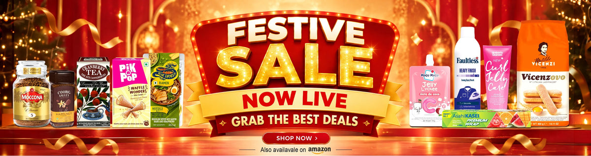 Festive sale banner featuring international gourmet food products and snacks with shop now button.