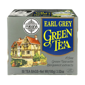 Box of Earl Grey green tea bags with house illustration and bold yellow text on front