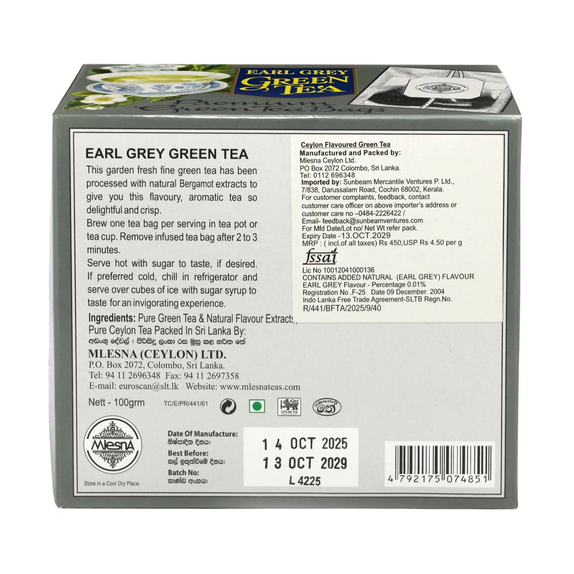 Earl Grey green tea 100g box showing detailed ingredients, instructions, and expiration date