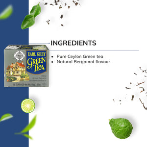 Earl Grey green tea box with tea leaves, bergamot fruit, and ingredients list