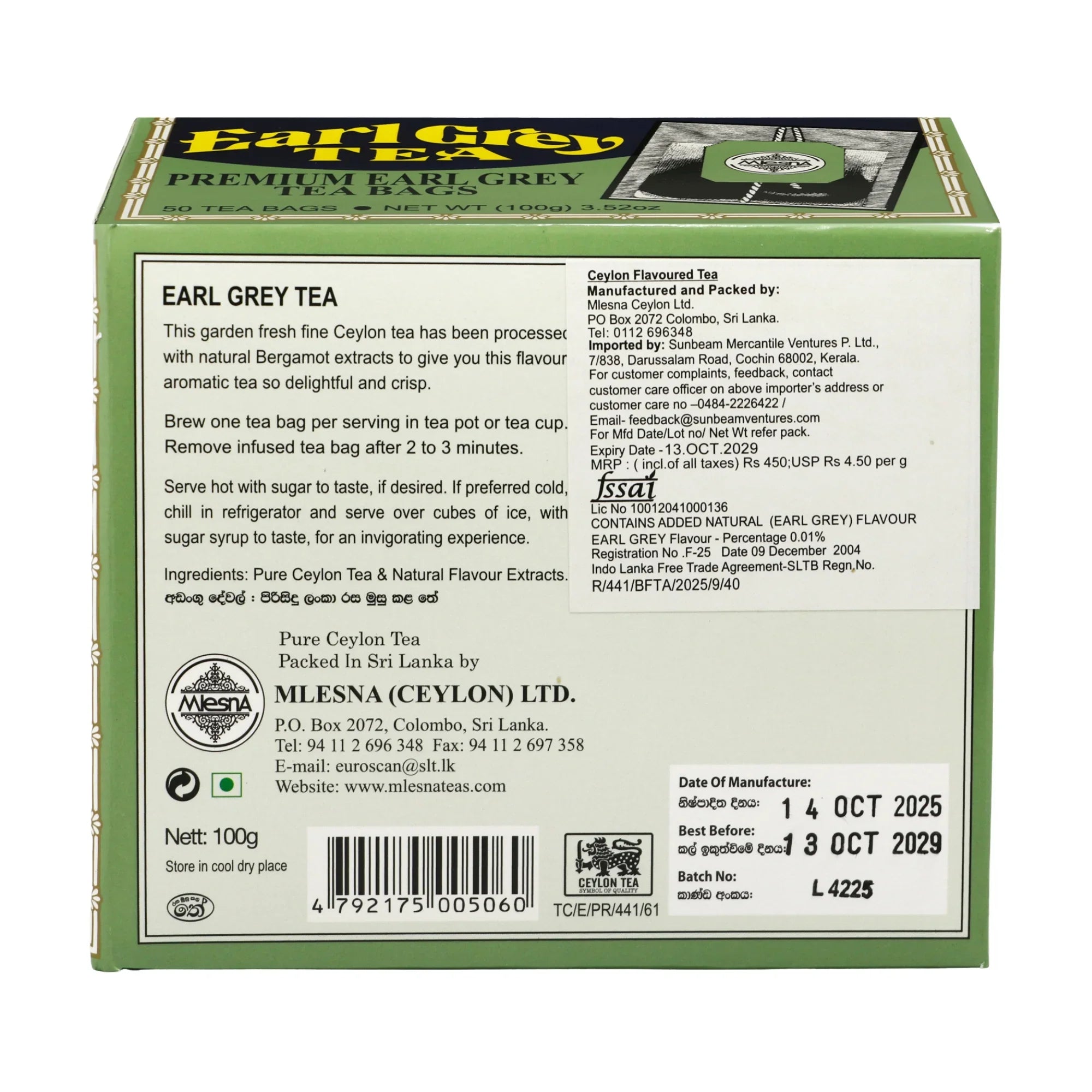 Back of Earl Grey tea box with Ceylon tea details, instructions, and manufacturer info
