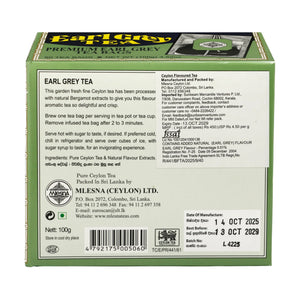 Back of Earl Grey tea box with Ceylon tea details, instructions, and manufacturer info