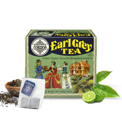 Earl Grey tea box with bergamot, loose tea, tea bag, and classic illustration on packaging