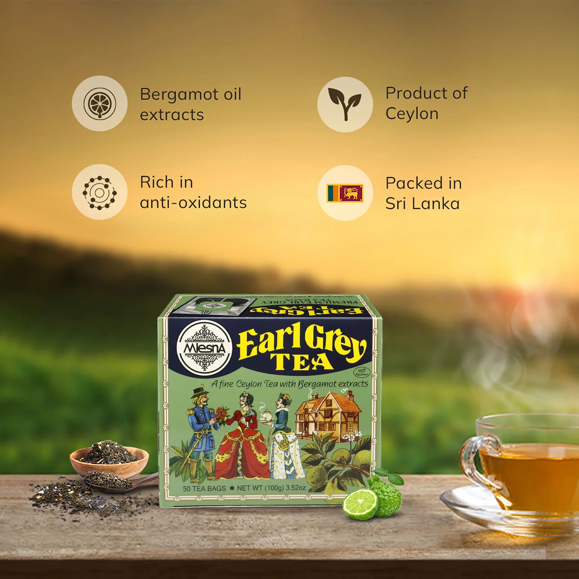 Earl Grey tea box with bergamot, loose tea leaves, and brewed tea on a wooden table
