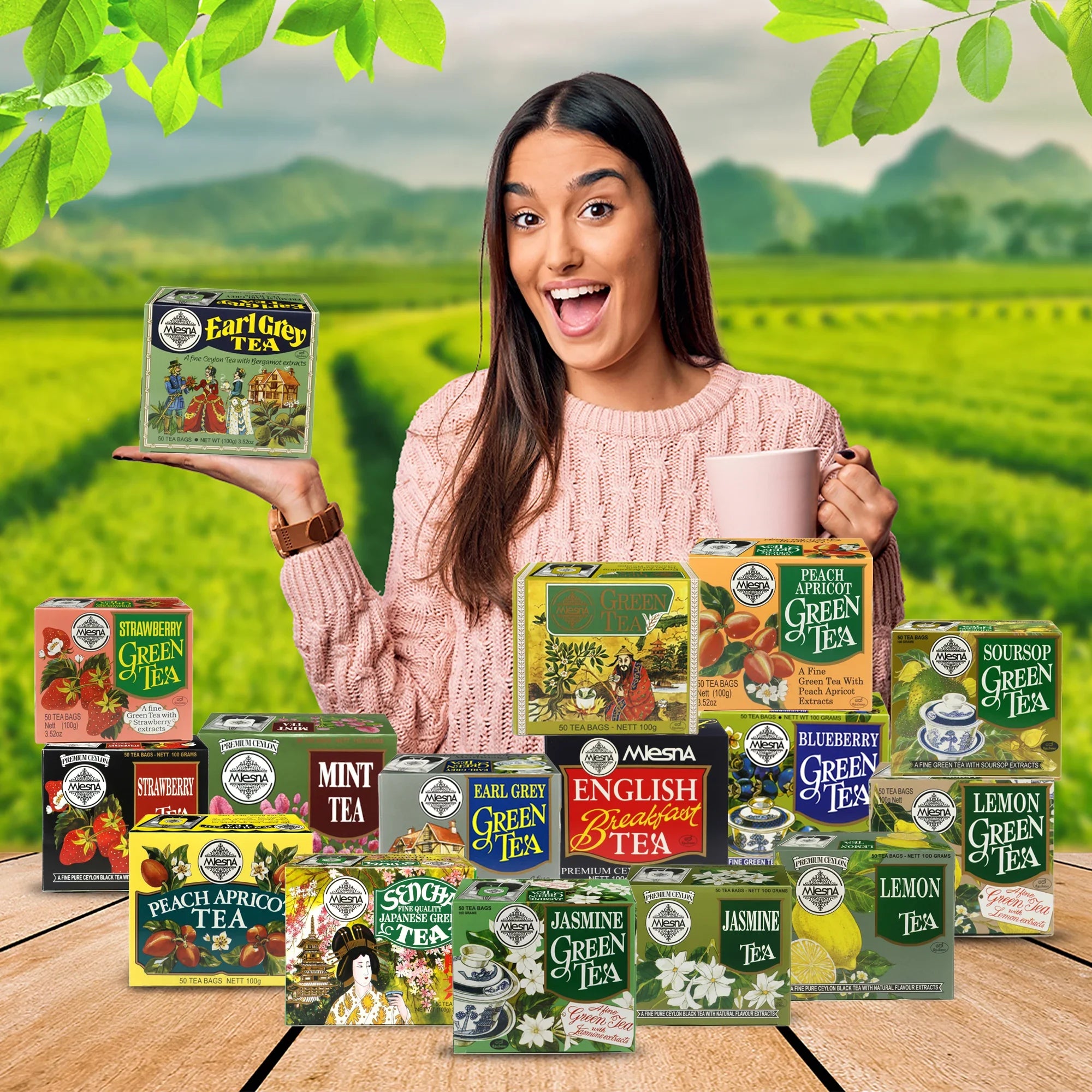 Smiling woman holding a box of Earl Grey tea with assorted tea boxes and lush tea plantation background