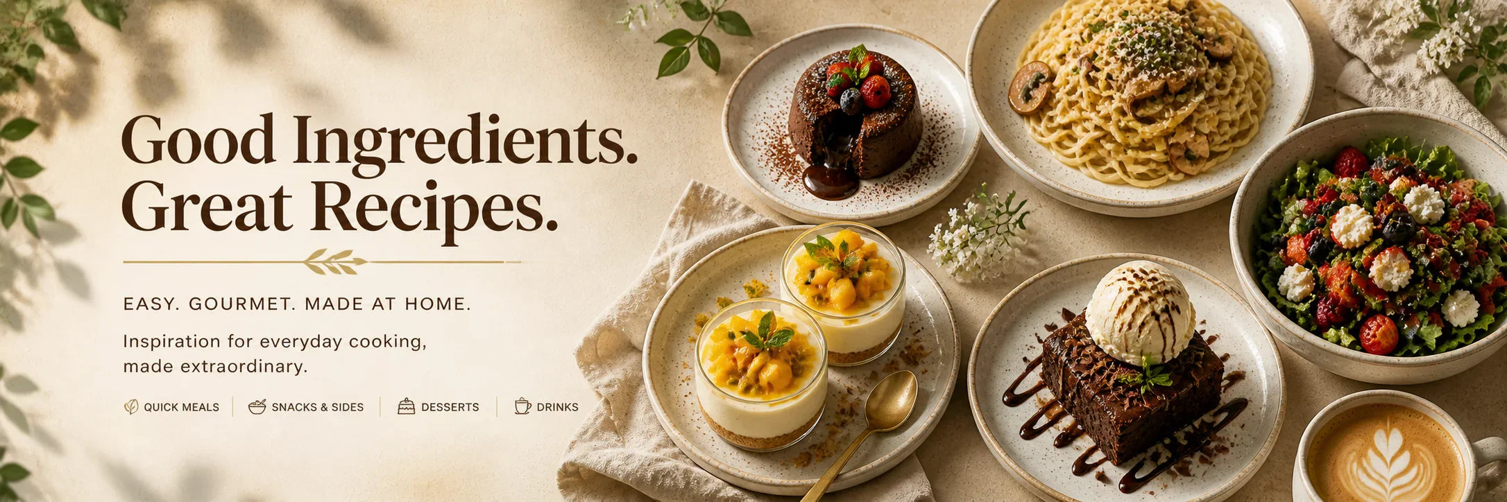 Gourmet pasta, chocolate lava cake, fruit salad, desserts & coffee — premium ingredients for easy home cooking