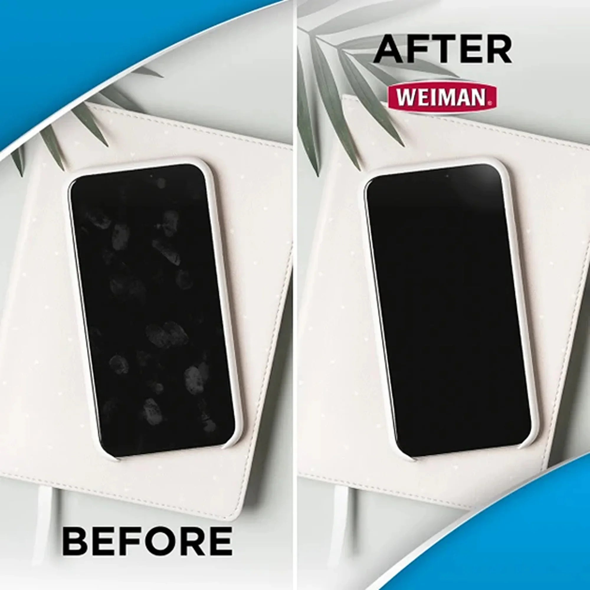 WEIMAN screen cleaner removes fingerprints from phone display, before and after results shown