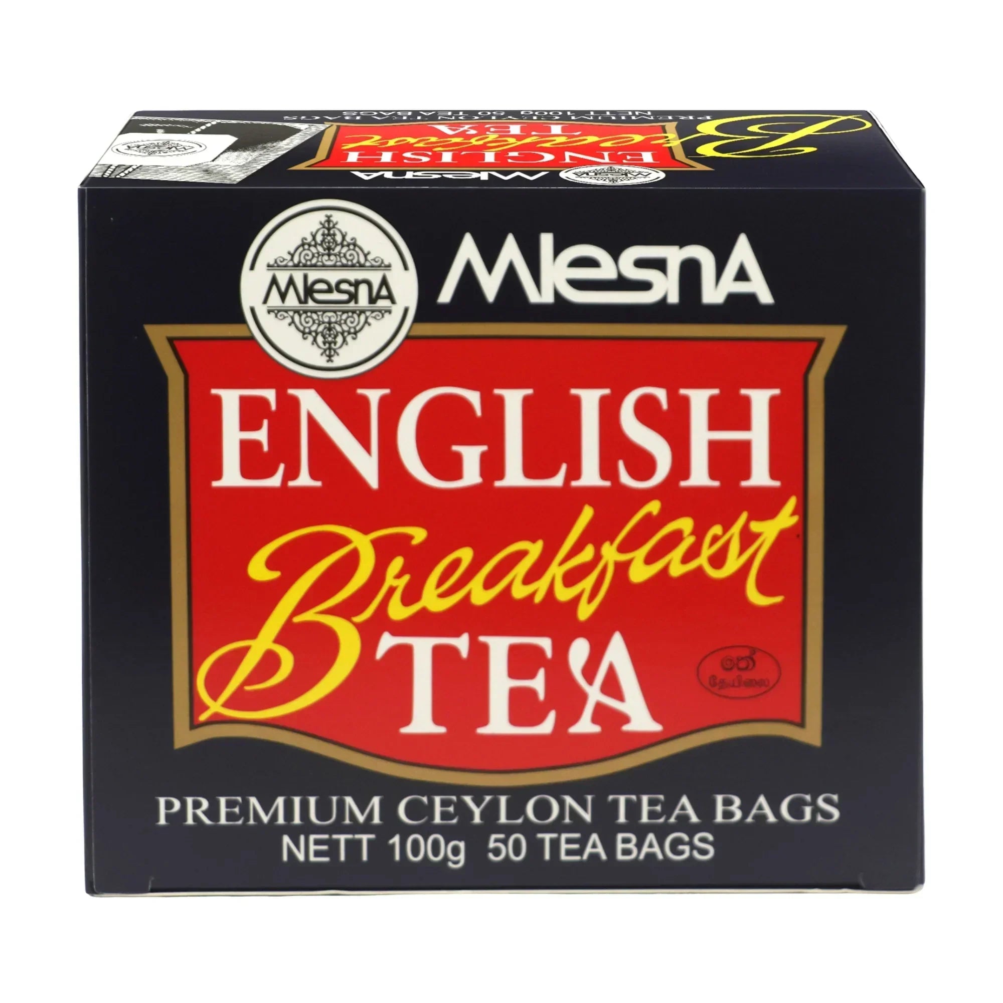Box of premium Ceylon English Breakfast tea bags, 100g, 50 count, black and red packaging