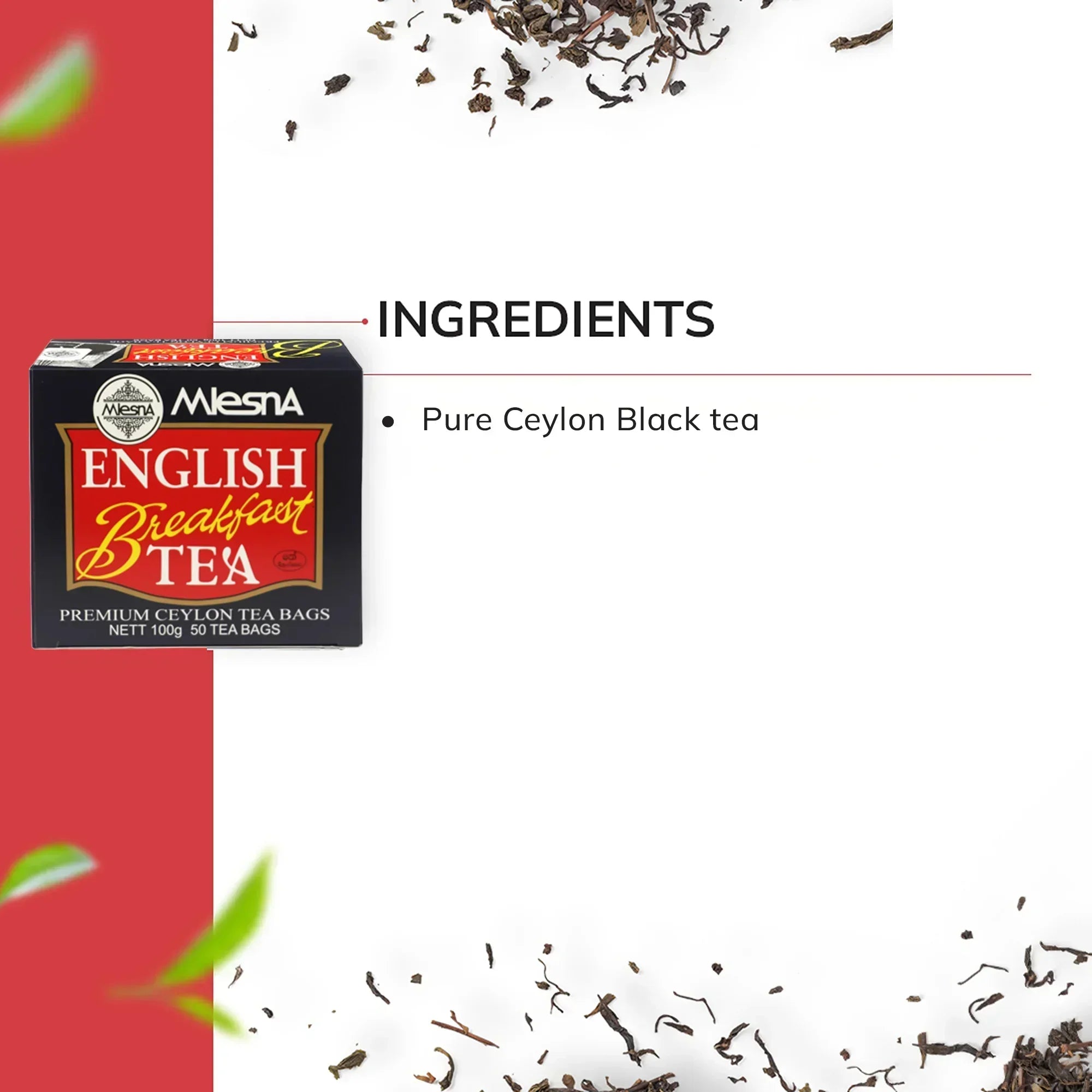 Box of English Breakfast Tea with Pure Ceylon Black tea ingredients and tea leaves.