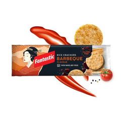 Barbeque rice crackers in packaging with gluten free label, tomato, pepper and sauce splash.