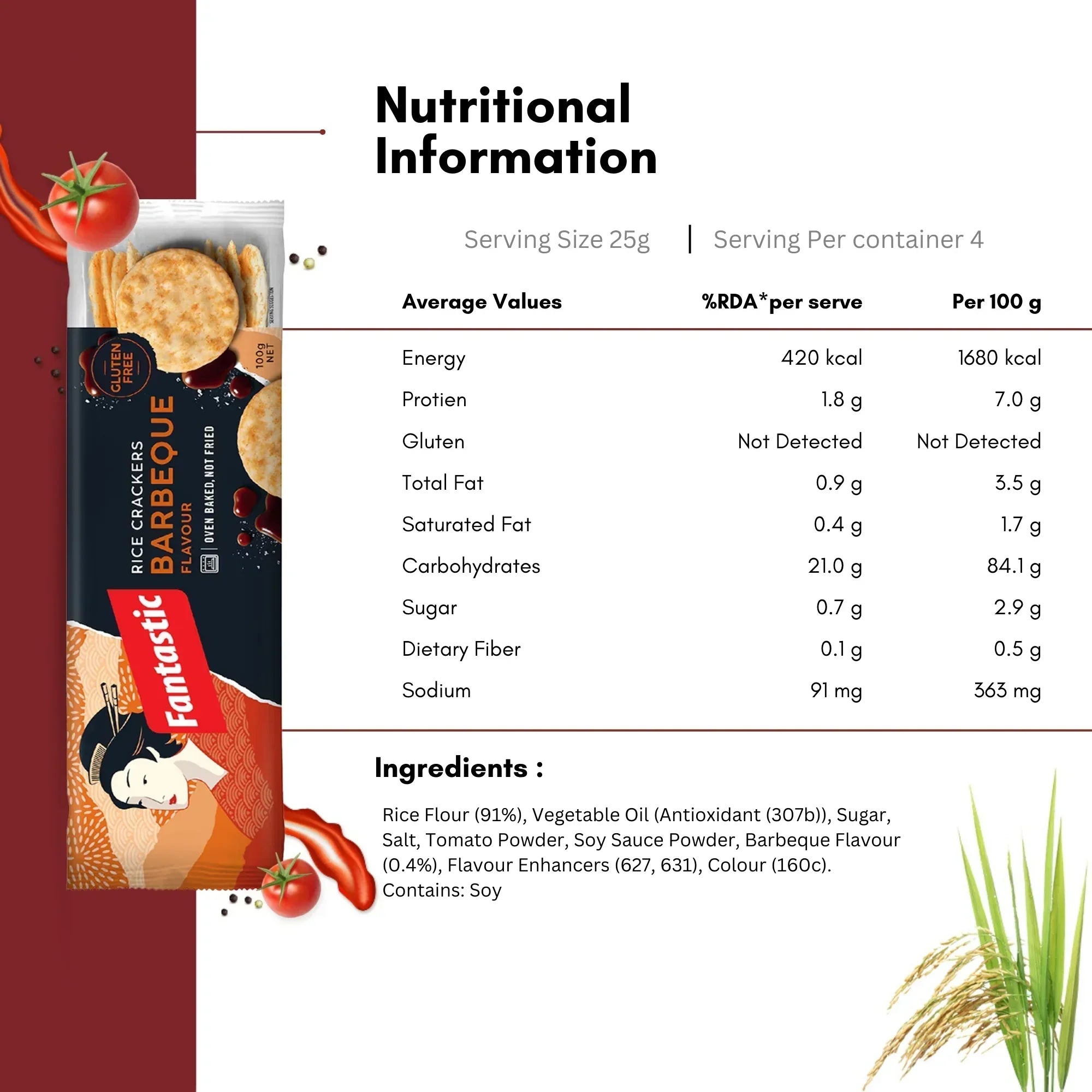 Barbeque rice crackers snack pack with nutritional info and ingredients list displayed.