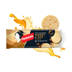 Fantastic Honey & Soy rice crackers packaging with crackers and honey splash on white background