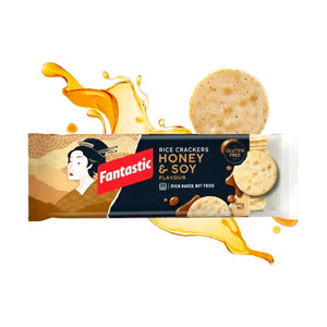 Fantastic Honey & Soy rice crackers packaging with crackers and honey splash on white background