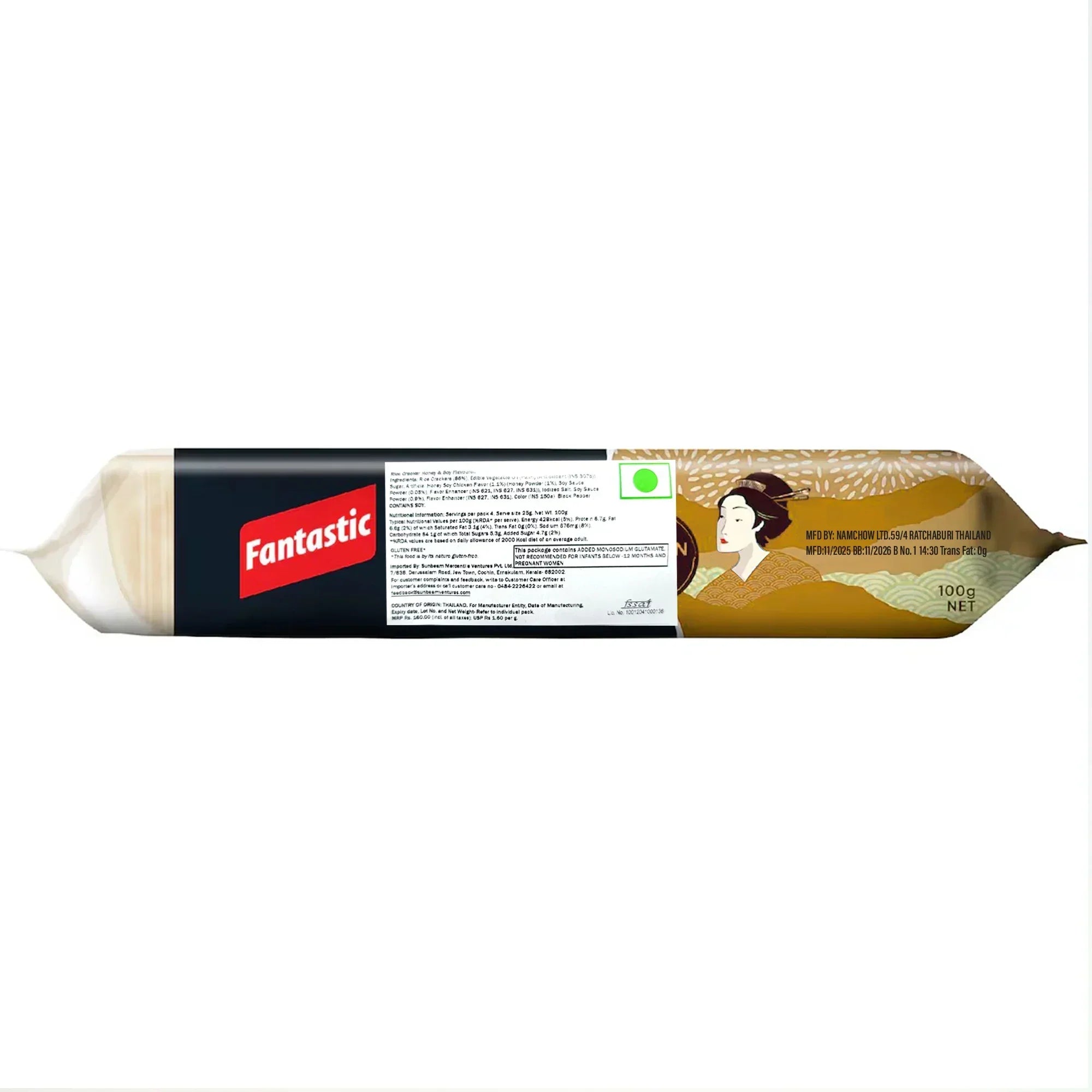 Fantastic Honey Soy rice crackers snack pack with geisha illustration, 100g