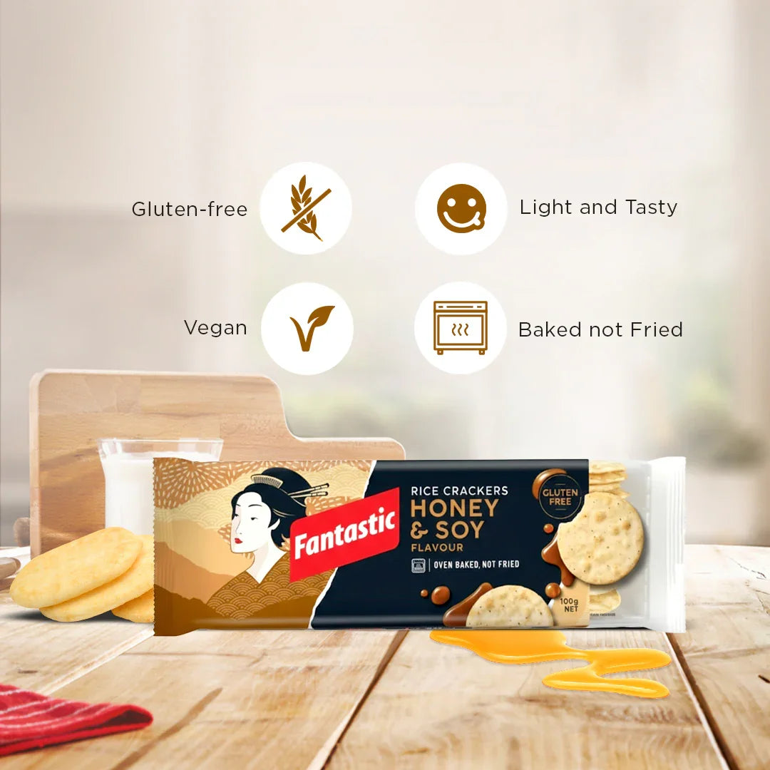 Fantastic Honey & Soy rice crackers in package, gluten-free, vegan, baked, with honey drizzle