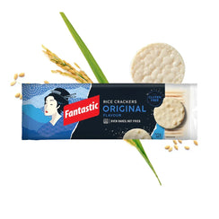 Original rice crackers in blue packaging with rice stalks and round crackers, gluten free snack.