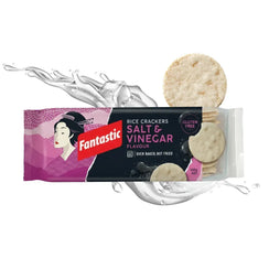 Fantastic Salt & Vinegar rice crackers gluten free oven baked snack pack with a rice cracker and splash effect