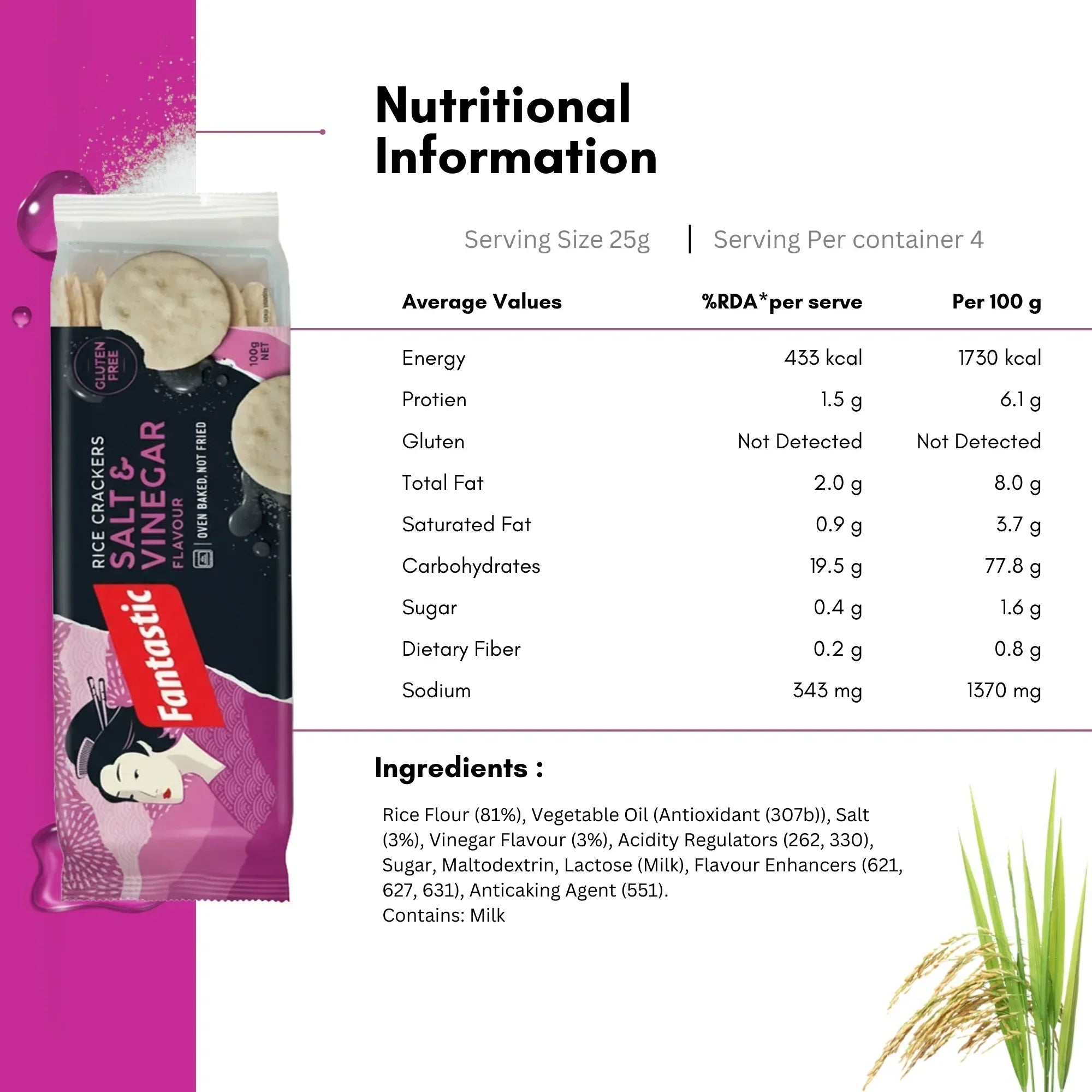 Fantastic Salt & Vinegar rice crackers pack with nutritional information and ingredients list.