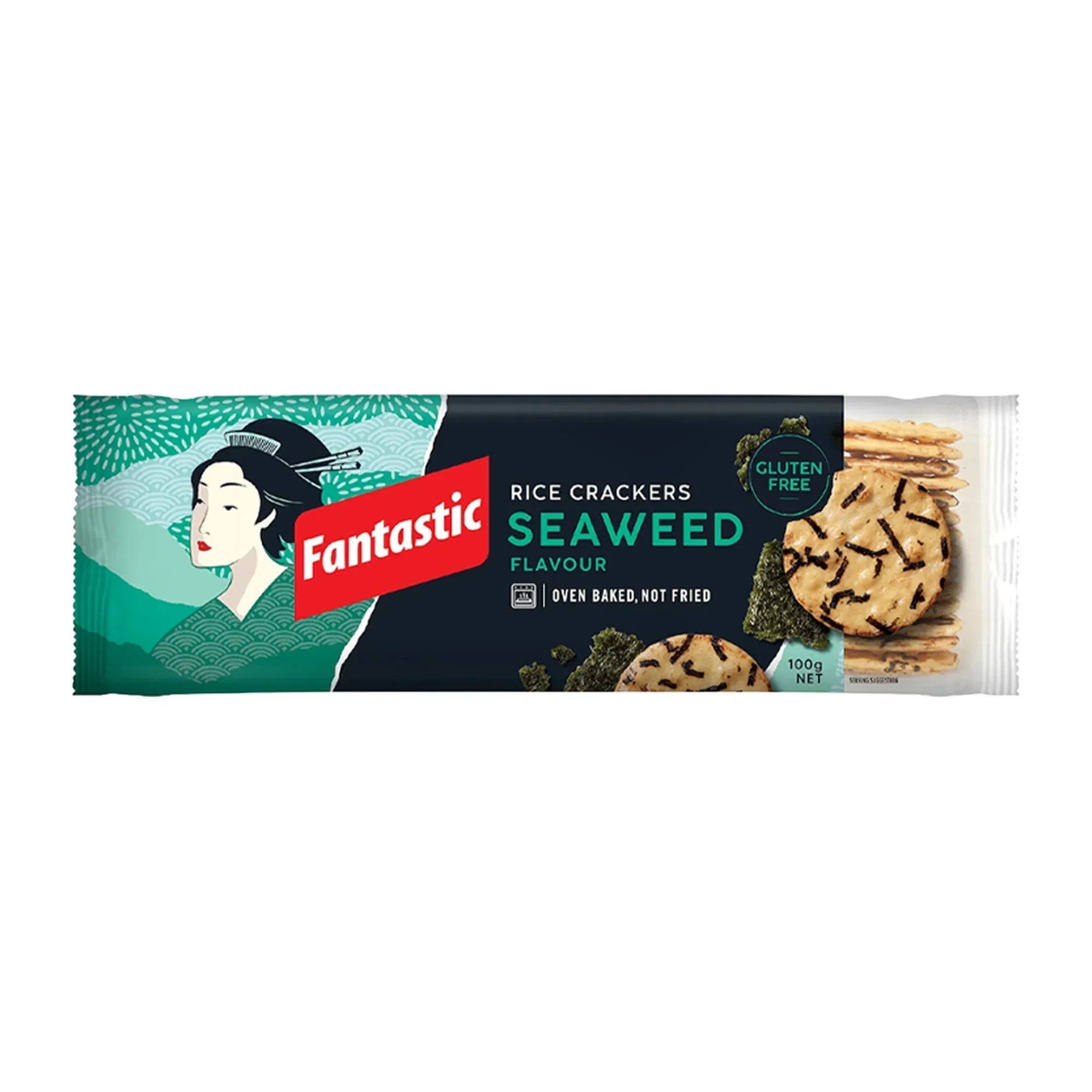 Fantastic rice crackers seaweed flavour package with crackers and seaweed on white background