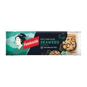 Fantastic rice crackers seaweed flavour package with crackers and seaweed on white background