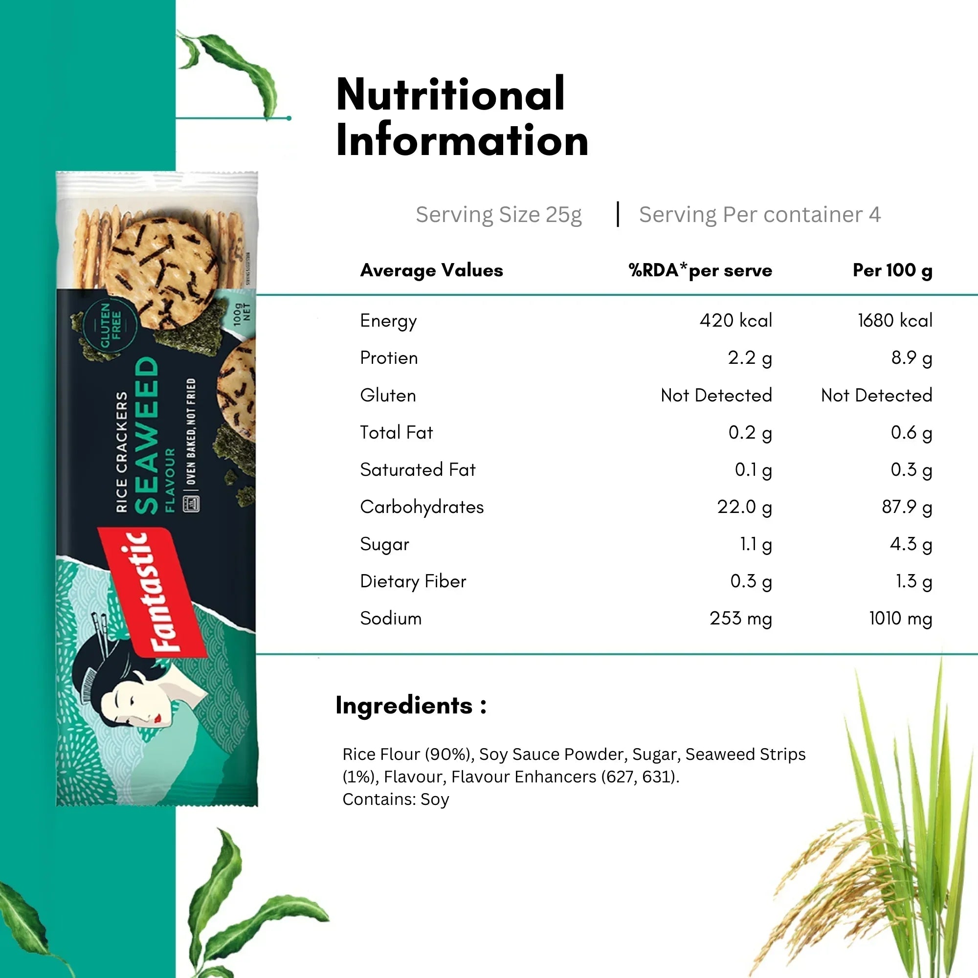 Fantastic Seaweed Rice Crackers pack with nutritional information and ingredients list