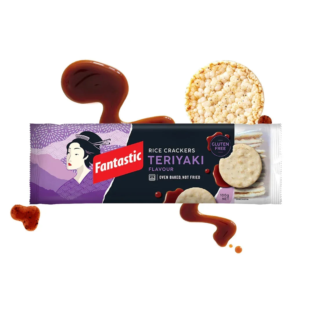 Fantastic Teriyaki rice crackers in packaging with rice cakes and teriyaki sauce splash
