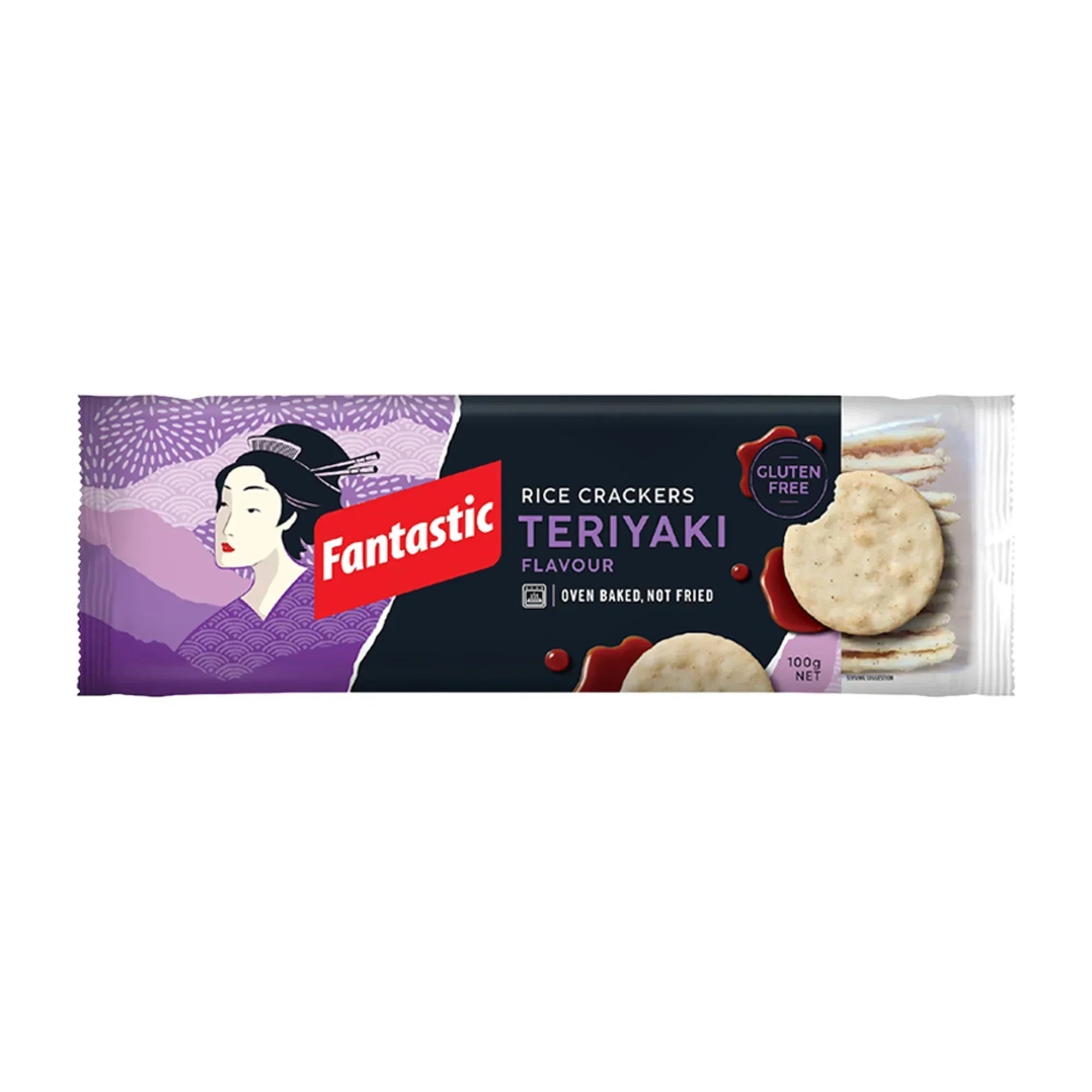 Fantastic Teriyaki rice crackers packaging with Asian-inspired design and gluten free label