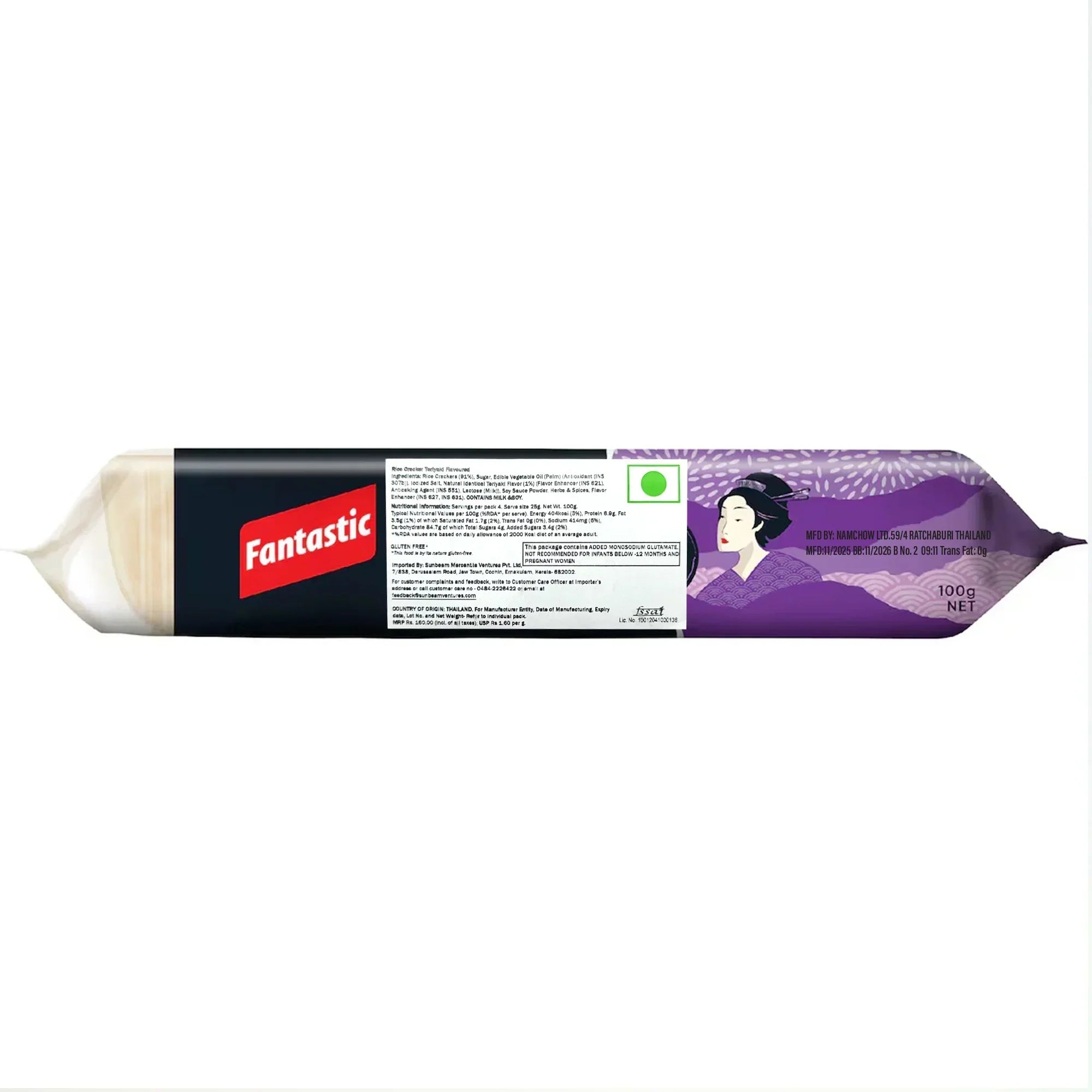 Fantastic Teriyaki rice crackers 100g pack with ingredients and geisha illustration