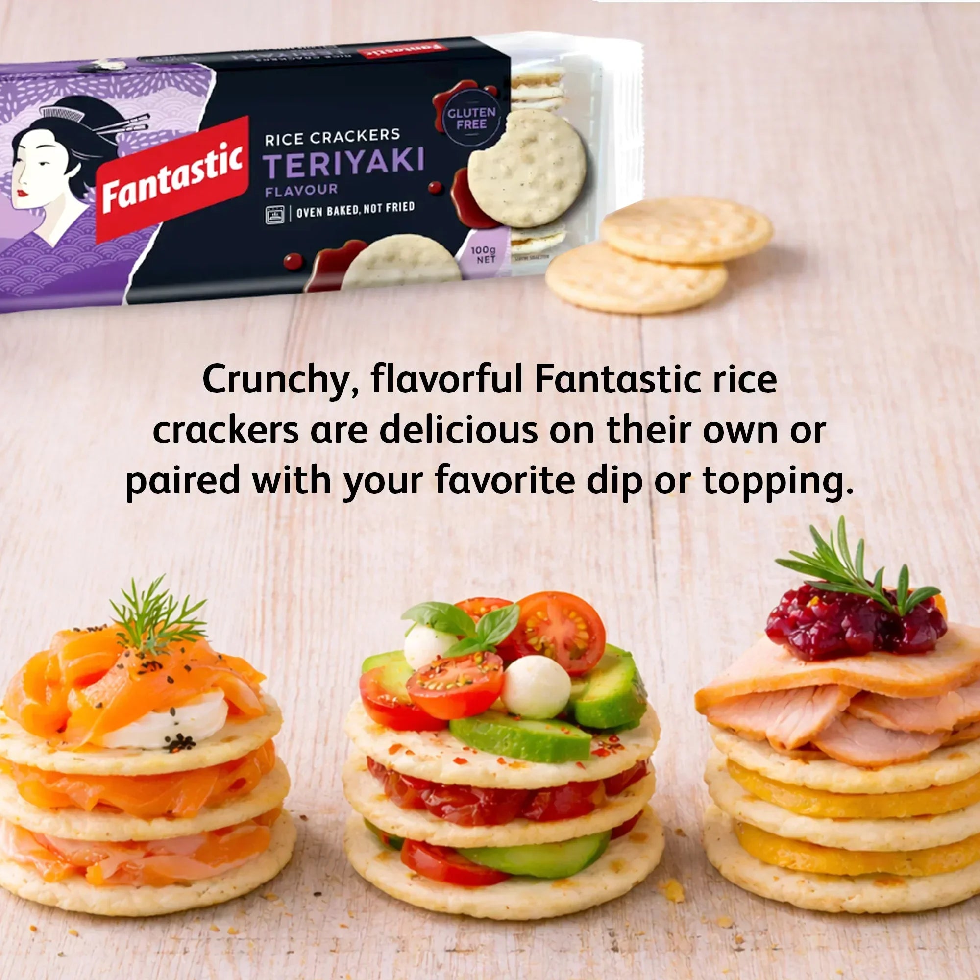Fantastic Teriyaki rice crackers with gourmet toppings and colorful fresh ingredients
