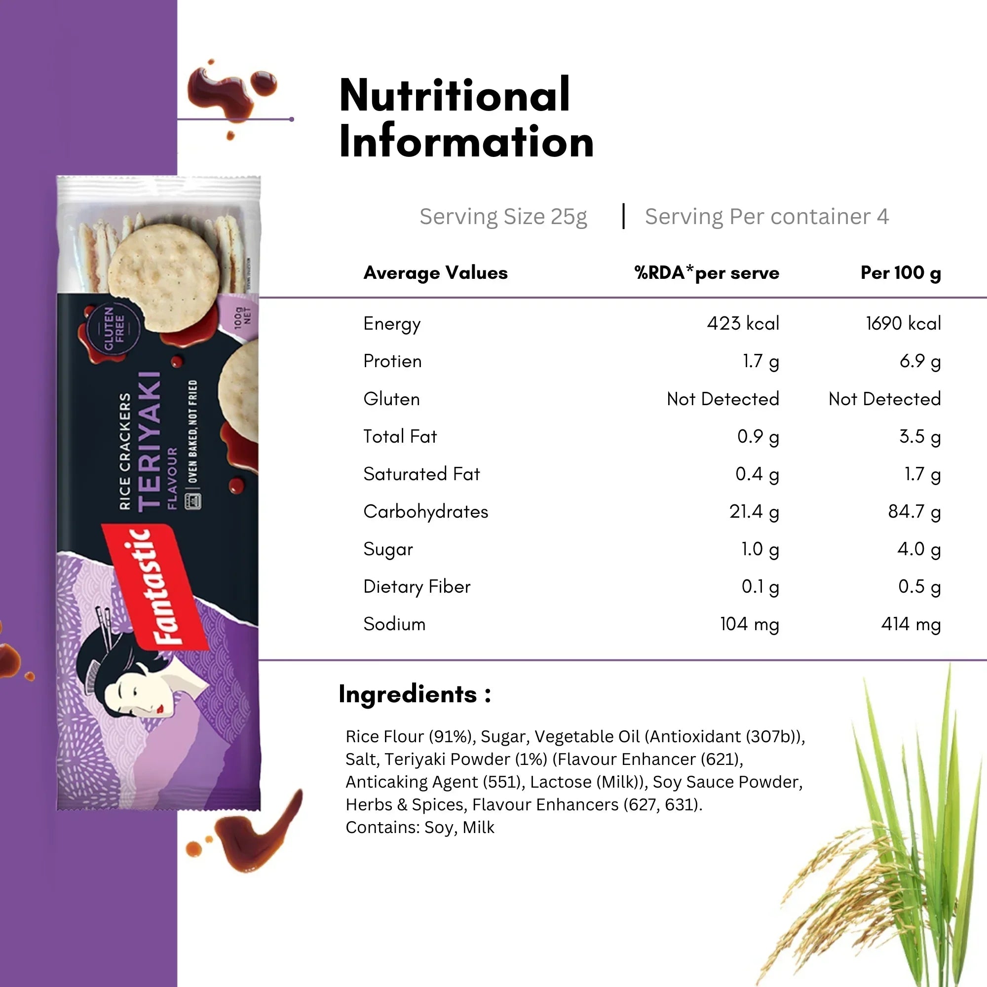Teriyaki rice crackers pack with gluten-free label, nutrition facts, and ingredients list.