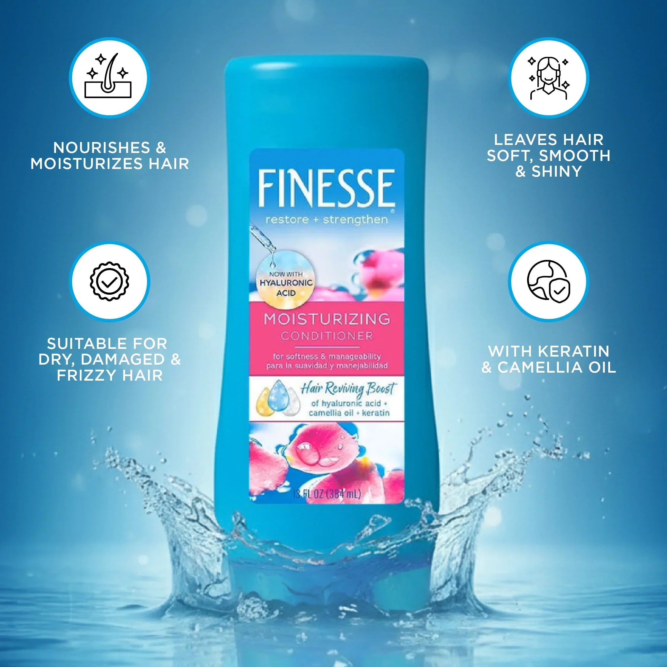 Blue bottle of Finesse moisturizing conditioner with hyaluronic acid, keratin, and camellia oil on water splash background