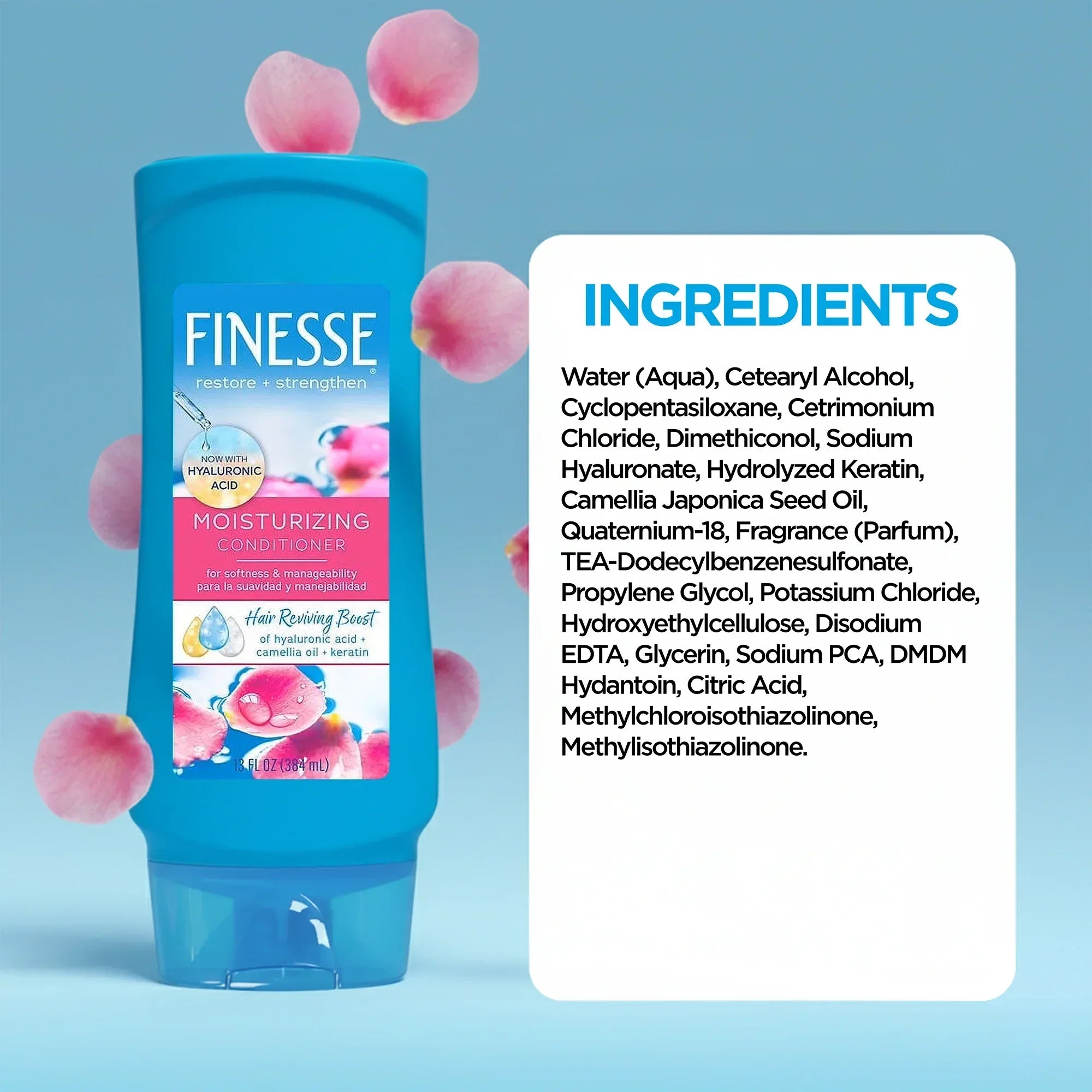 Finesse Moisturizing Conditioner bottle with hyaluronic acid and keratin, ingredients list on blue background