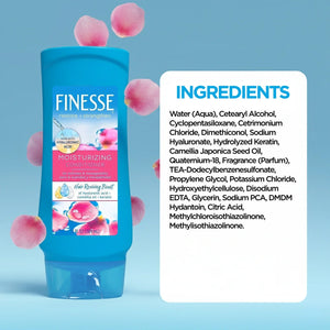 Finesse Moisturizing Conditioner bottle with hyaluronic acid and keratin, ingredients list on blue background