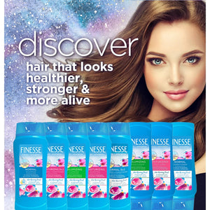 Finesse hair care products with model and text promoting healthier, stronger, more alive hair