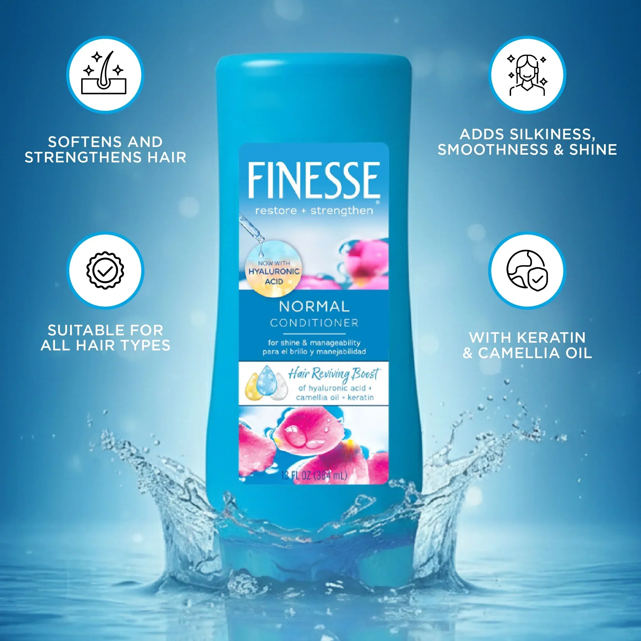 Finesse Normal Conditioner bottle with hyaluronic acid, keratin, and camellia oil on water splash background