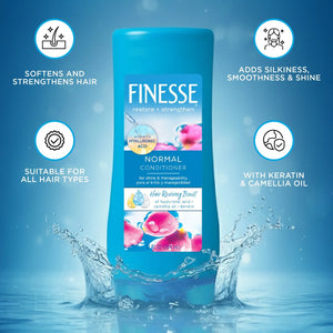 Finesse Normal Conditioner bottle with hyaluronic acid, keratin, and camellia oil on water splash background